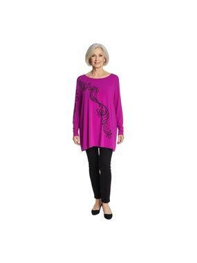 Women's Bob Mackie Long Sleeve Tee 1X Fuchsia Rhinestones and with Black Swirls